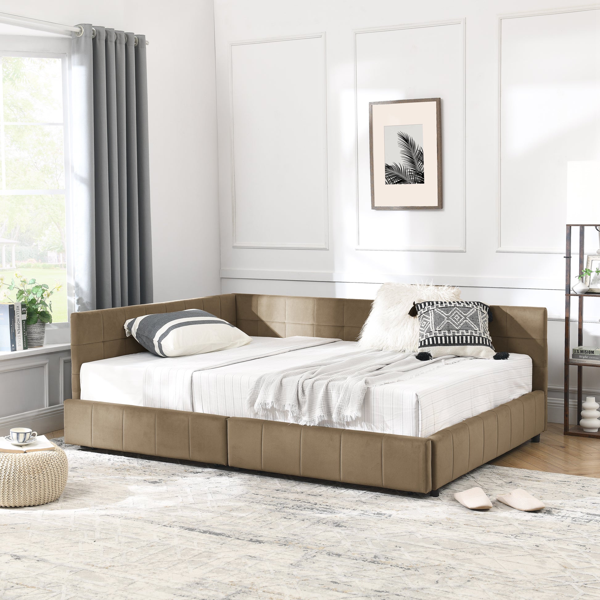 Full Size Storage Upholstered Tufted Bed Frame, Sofa Bed Frame With Comfortable Backrest And Armrests, Full Size Bed For Bedroom, Living Room,Velvet, BROWN 80.5x59x29.5