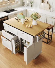 TOPMAx Farmhouse Kitchen Island With Drop Leaf And 2 Seatings  Kitchen Table Set With Storage Cabinet  Drawers  Door Shelves And Power Outlet  White