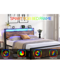 Full Size Bed Frame With Storage Headboard And 2 Drawers, LED Lights Bed With Charging Station, Metal Platform Bed No Noise