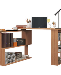 360° Rotating Home Office Desk L Shaped Corner Computer Desk with Storage Shelves, Writing Table Workstation, Teak