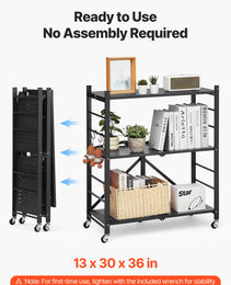 3-Tier Foldable Storage Shelf, 30W X 13D X 36H Inch Folding Metal Rack Shelving Unit, No Assembly Organizer Shelf With 5 Wheels & 4 Hooks For Pantry, Kitchen, Garage, Basement, Black