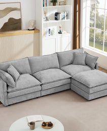 Modular Sectional Sofa, 102 Inch L Shaped Couch Set For Living Room, 3-Seater Comfy Cloud Couches With Movable Ottoman, DIY Combination, Chenille, Grey