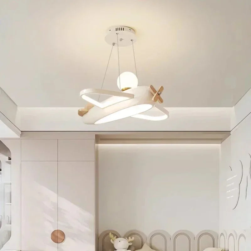 Cartoon Airplane Ceiling Chandelier Solid Wood Light for Children's Room Boy Room Decor Minimalist Bedroom Hanging Chandelier