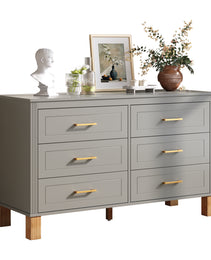 6-Drawer Double Dresser In Gray, Modern Storage Cabinet With Metal Handles & Solid Wood Legs, Dresser Drawer Organizer For Kids Bedroom, Heavy-Duty Wooden Dresser With Pre-Installed