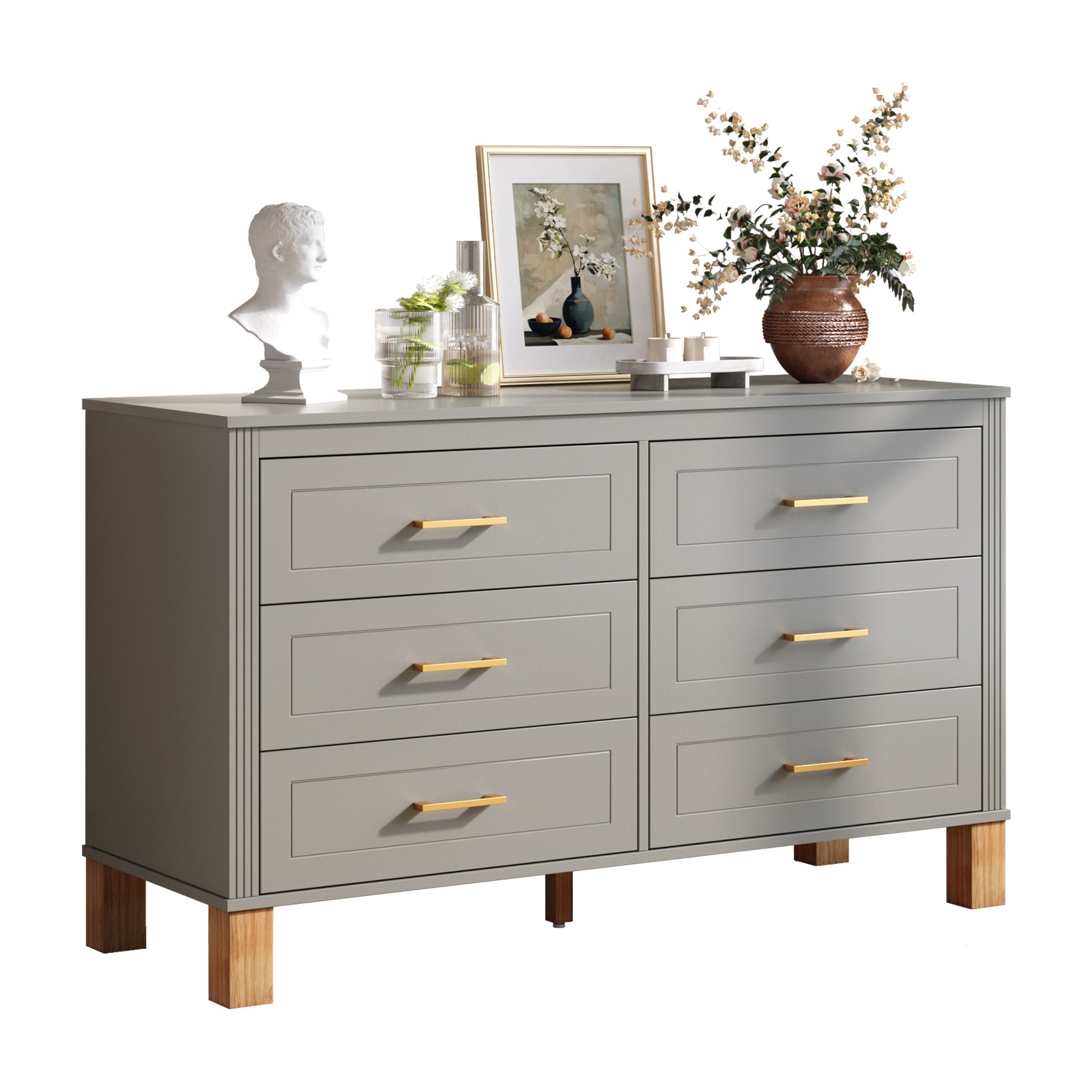 6-Drawer Double Dresser In Gray, Modern Storage Cabinet With Metal Handles & Solid Wood Legs, Dresser Drawer Organizer For Kids Bedroom, Heavy-Duty Wooden Dresser With Pre-Installed