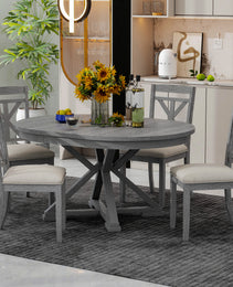TREXM 5-Piece Retro Functional Dining Table Set Extendable Round Table And 4 Upholstered Chairs For Dining Room And Living Room Grey
