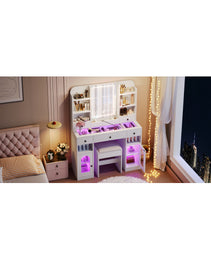 43.2 Vanity Desk With LED Mirror And Lights, Glass Top Vanity With RGB Glass Light Cabinets, Dressing Table With 5 Drawers ,Storage Shelves And Stool For Bedroom, White - CJDS