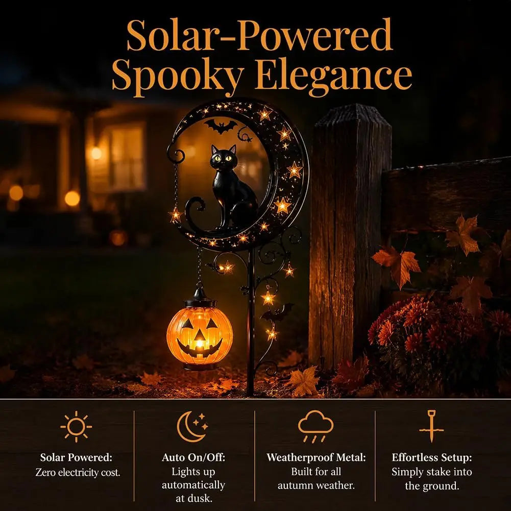 Solar Halloween Black Cat & Pumpkin Moon Garden Stake Light, Solar Garden Decoration, Outdoor Waterproof Metal Pumpkin Stake