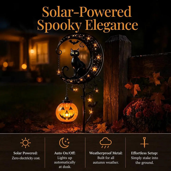 Solar Halloween Black Cat & Pumpkin Moon Garden Stake Light, Solar Garden Decoration, Outdoor Waterproof Metal Pumpkin Stake