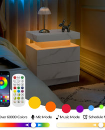 Nightstand LED Bedside Table Cabinet Lights Modern End Side With 2 Drawers For Bedroom  White Stone