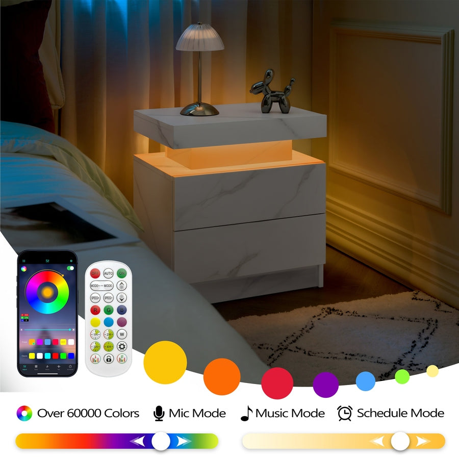 Nightstand LED Bedside Table Cabinet Lights Modern End Side With 2 Drawers For Bedroom  White Stone