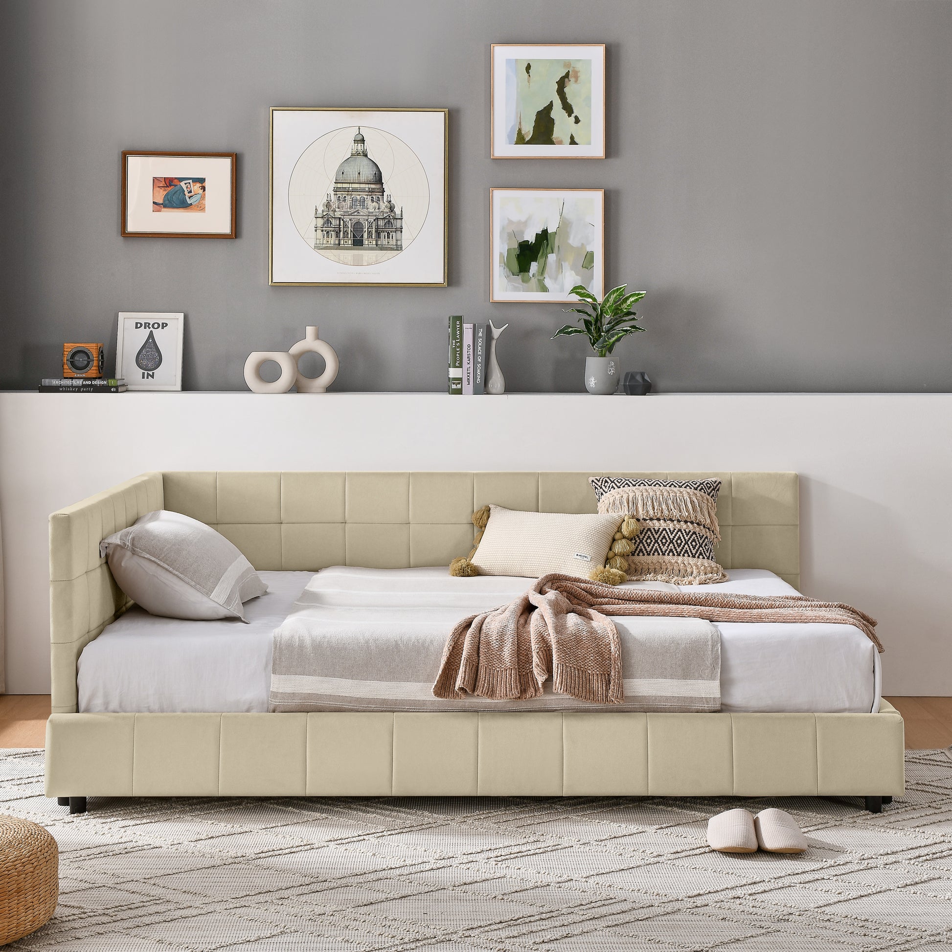Full Size Upholstered Tufted  Bed Frame, Sofa Bed Frame With Comfortable Backrest And Armrests, Full Size Bed For Bedroom, Living Room,Velvet, NEW BEIGE 80.5x59x30.5