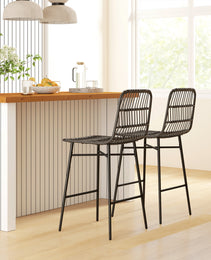 Rattan Counter Bar Stools Set Of 2, 26" Counter Height Barstools With Back, Bar Chairs For Kitchen Island, Black