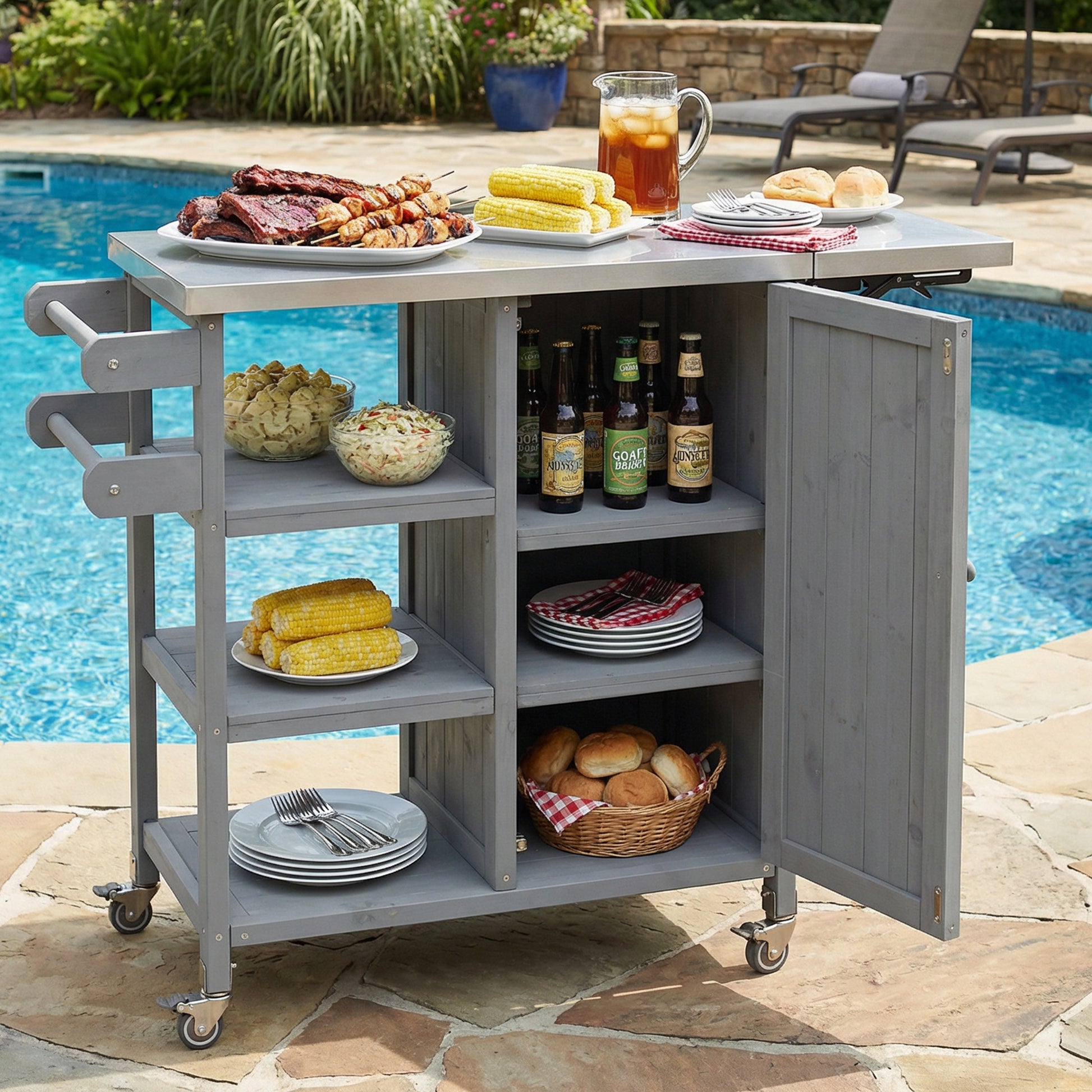Foldable Outdoor Kitchen Island Patio Kitchen Island Outdoor Kitchen Cart Portable Prep Station With Lockable Wheels, Storage Cabinet And Towel Rack For Patio And Outdoor, Grey