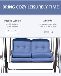 2-Person Patio Swing Bench with Adjustable Shade Canopy, Soft Cushions, Throw Pillows and Tray, Dark Blue