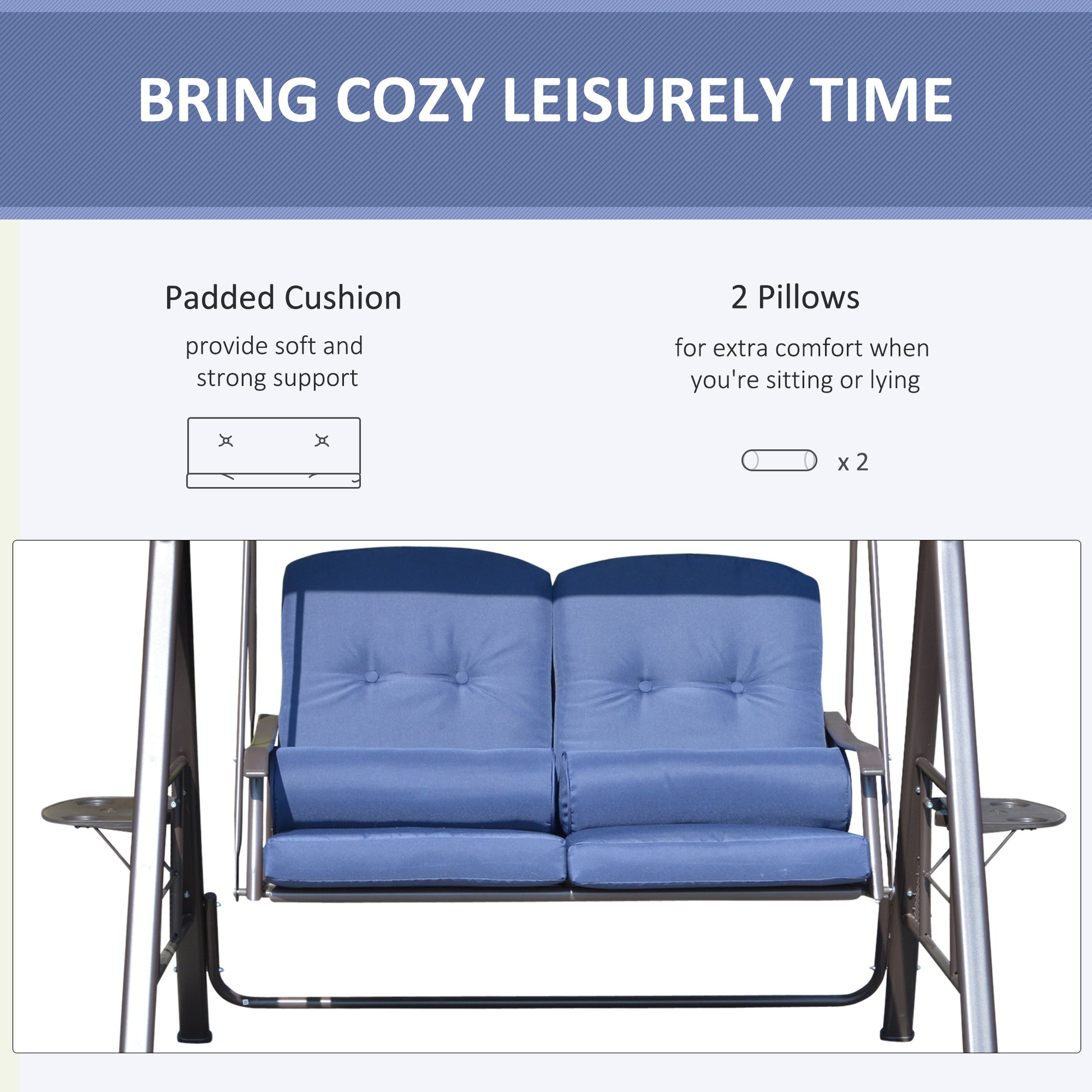 2-Person Patio Swing Bench with Adjustable Shade Canopy, Soft Cushions, Throw Pillows and Tray, Dark Blue