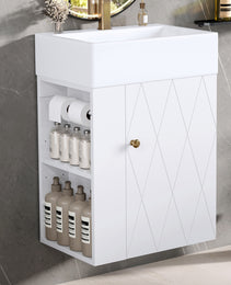 20 Inch Bathroom Vanity With Ceramic Sink, Diamond Pattern Door Design, Gold Handle & Side Storage Shelves Modern Small Space Cabinet With Towel Bar, MDF Construction, Assembly Required