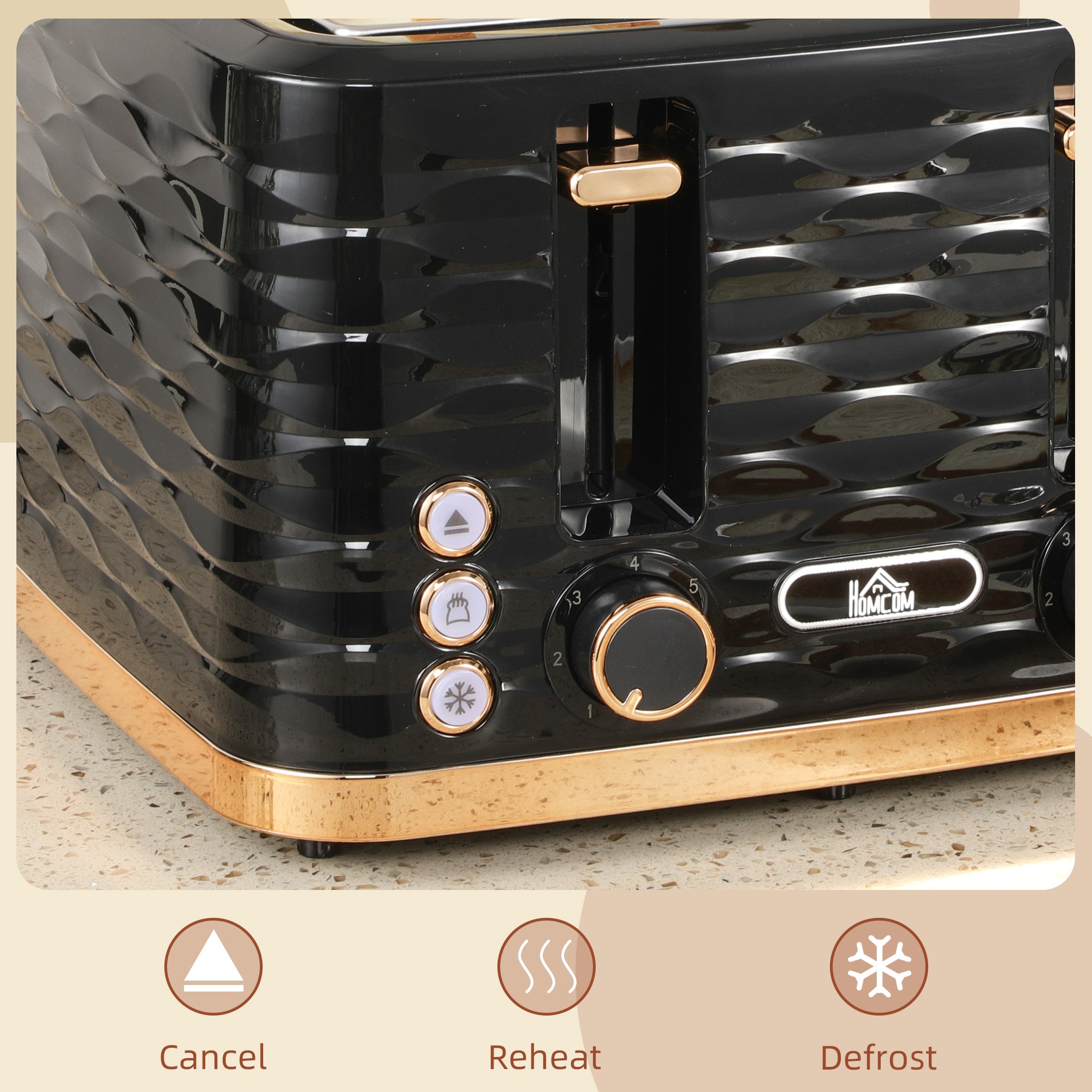 Modern Black 4-Slice Toaster – 1600W Ripple Textured Station with 7 Browning Levels & High-Lift Lever