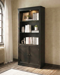 78.75 H 4-Tier Display Shelf, With 5-Colors Dimmable Ceiling Light, Freestanding Farmhouse Bookcases With Storage & Doors, Bookshelf With Adjustable Glass Shelves For Home & Office - Black