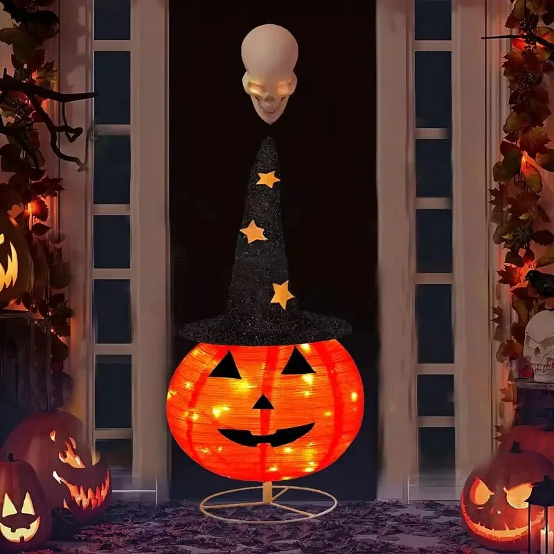 Foldable pre-lit jack-o-lantern with starry hat
