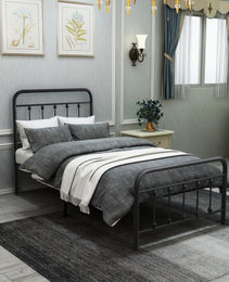 Metal Platform Bed Frame, Victorian Style HeadboardFootboard  Under Bed Storage  No Box Spring Needed Twin Size Black