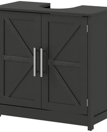 Farmhouse Pedestal Sink Storage Cabinet, Bathroom Sink Cabinet with 2 Barn Doors and Adjustable Shelf, Distressed Black