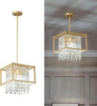Modern Foyer Chandelier, Gold Crystal Chandelier Entryway Pendant Light Fixture, Square Adjustable Height Chandeliers for Kitchen Island, L15.74'' X H9.84''