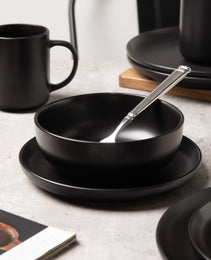 12-Piece Stoneware Dinnerware Sets With Mugs   Microwave & Dishwasher Safe    Non-Toxic Dinner Plates Bowls Set   Stackable Matte Glaze Kitchenware For 3,Black