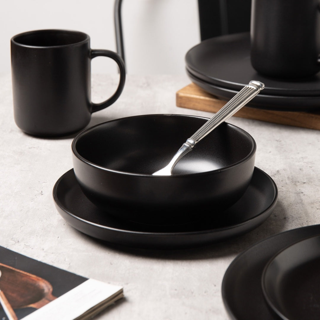 12-Piece Stoneware Dinnerware Sets With Mugs   Microwave & Dishwasher Safe    Non-Toxic Dinner Plates Bowls Set   Stackable Matte Glaze Kitchenware For 3,Black