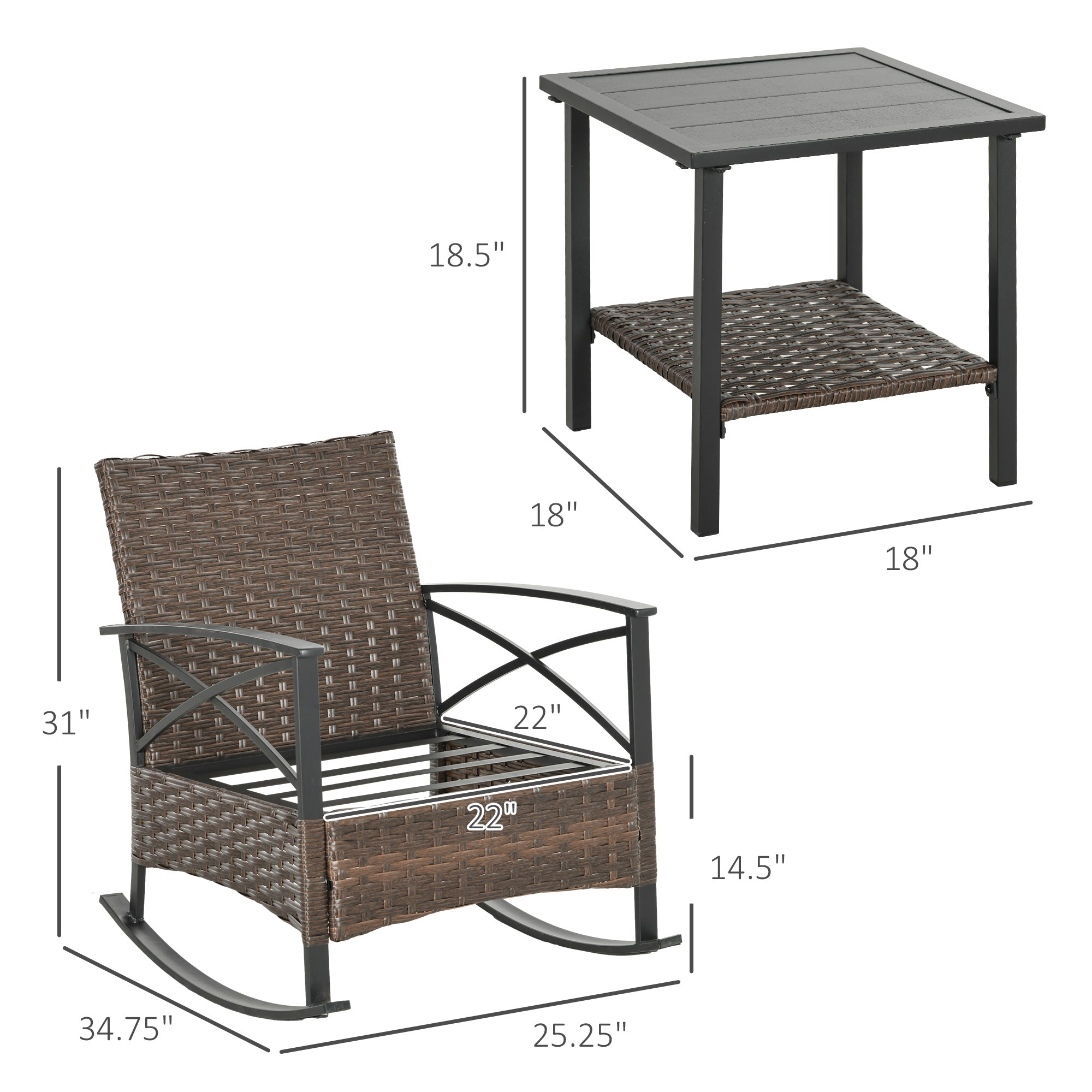 3 Piece Rocking Patio Wicker Set, Outdoor Rocking Chairs, Patio Coffee Set For Garden, Family Use, Dark Blue