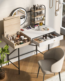 Makeup Vanity Desk With 3-Mode Lighted Mirror & Wireless Charging Station , Vanity Table With Drawer & 3 Open Shelves For Ample Storage Space - CJDS