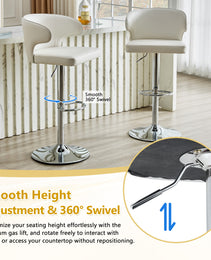 Modern Rotating Adjustable Bar Chair, PU Leather Belt Backrest Swivel Chair, Suitable For Kitchen Bar Counter And Dining Room, Adjustable Height, Capable Of Bearing 300 Pounds  White -2 Pieces