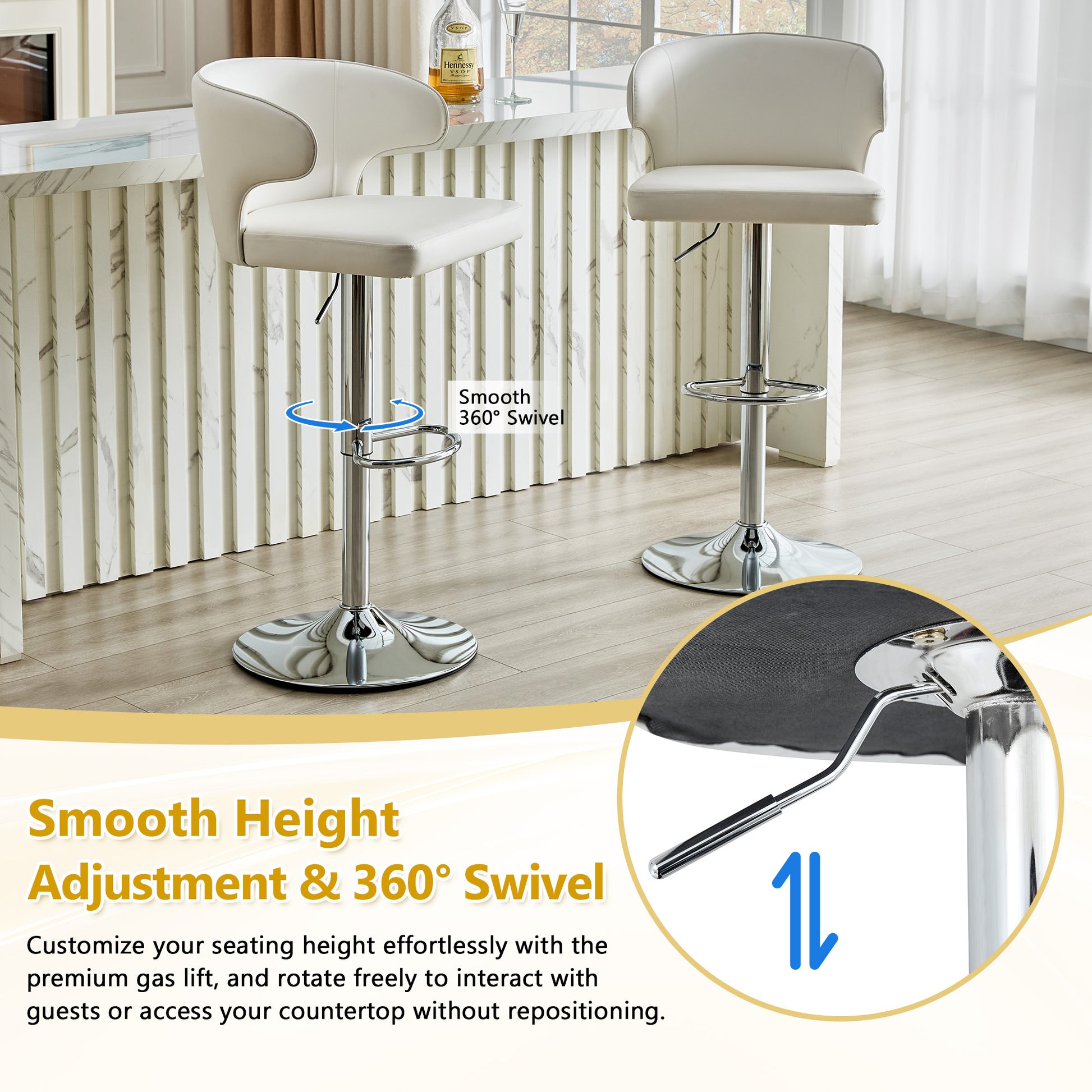 Modern Rotating Adjustable Bar Chair, PU Leather Belt Backrest Swivel Chair, Suitable For Kitchen Bar Counter And Dining Room, Adjustable Height, Capable Of Bearing 300 Pounds  White -2 Pieces
