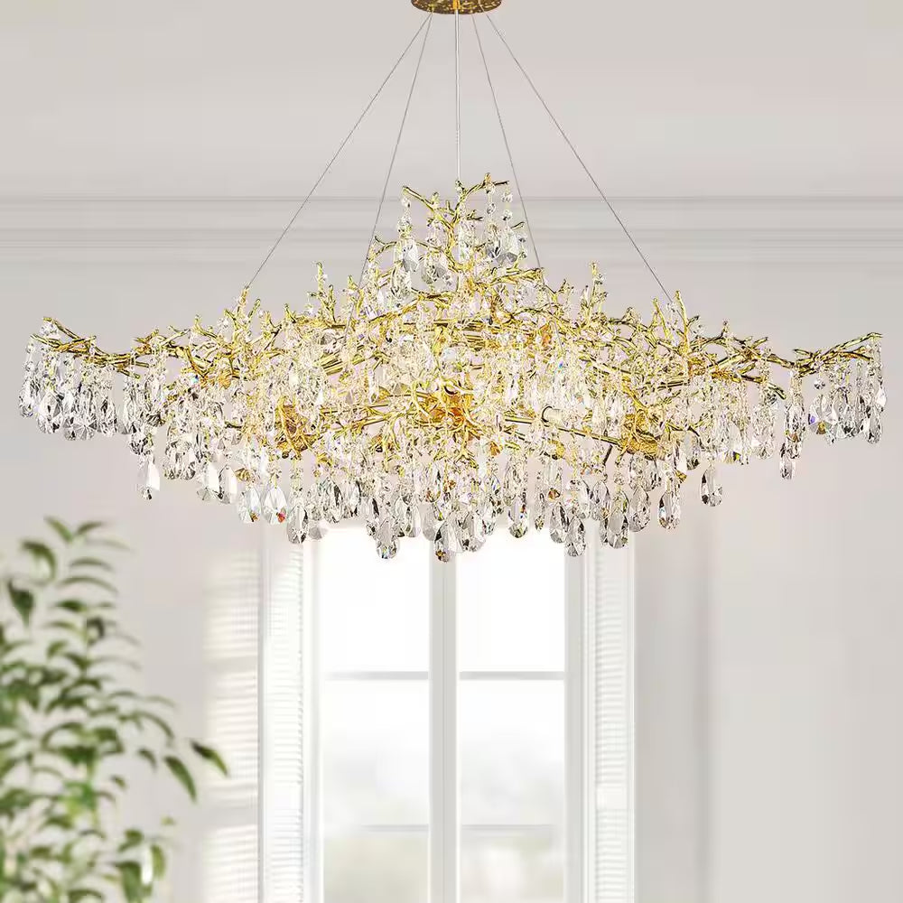 14-Lights Gold Luxury Crystal Linear Chandelier, Modern Tree Branch Chandelier for Dinning Room, Kitchen, Living Room