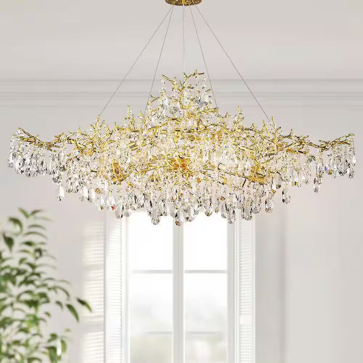 14-Lights Gold Luxury Crystal Linear Chandelier, Modern Tree Branch Chandelier for Dinning Room, Kitchen, Living Room