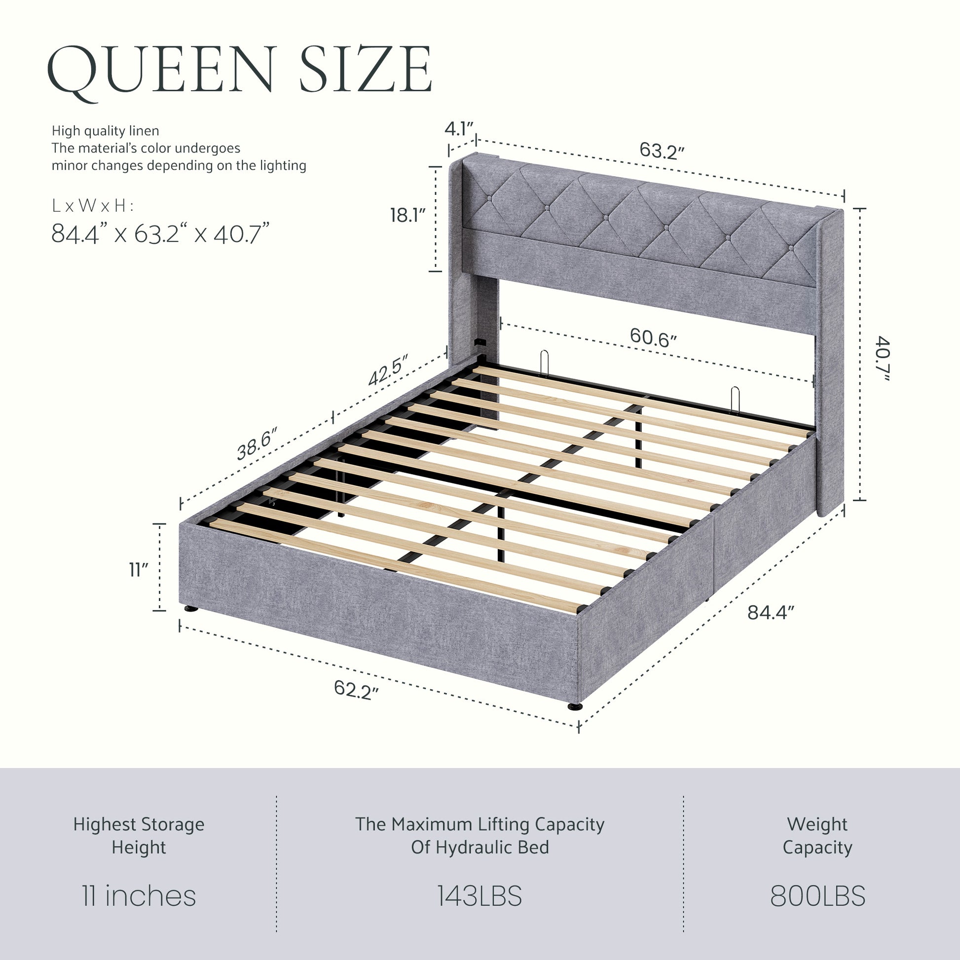 Large-sized Lifting Storage Bed, Soft-padded Platform Bed Frame, Headboard With Backrest, Hydraulic Lifting Storage Bed