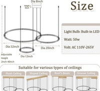 Modern Chandelier Black 3 Ring Chandelier for Living Room High Ceiling Chandelier Light Fixture with Remote Control LED Lights Dimmable 2700-6000K Foyer Light