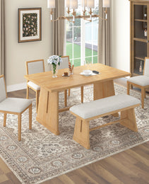 TREXM 6-Piece Rustic Farmhouse Dining Table Set With Wire Brushed Design, Rectangular Dining Table With Trapezoid Legs, 4 Upholstered Linen Chairs & 1 Padded Bench For Dining Room & Kitchen Natural