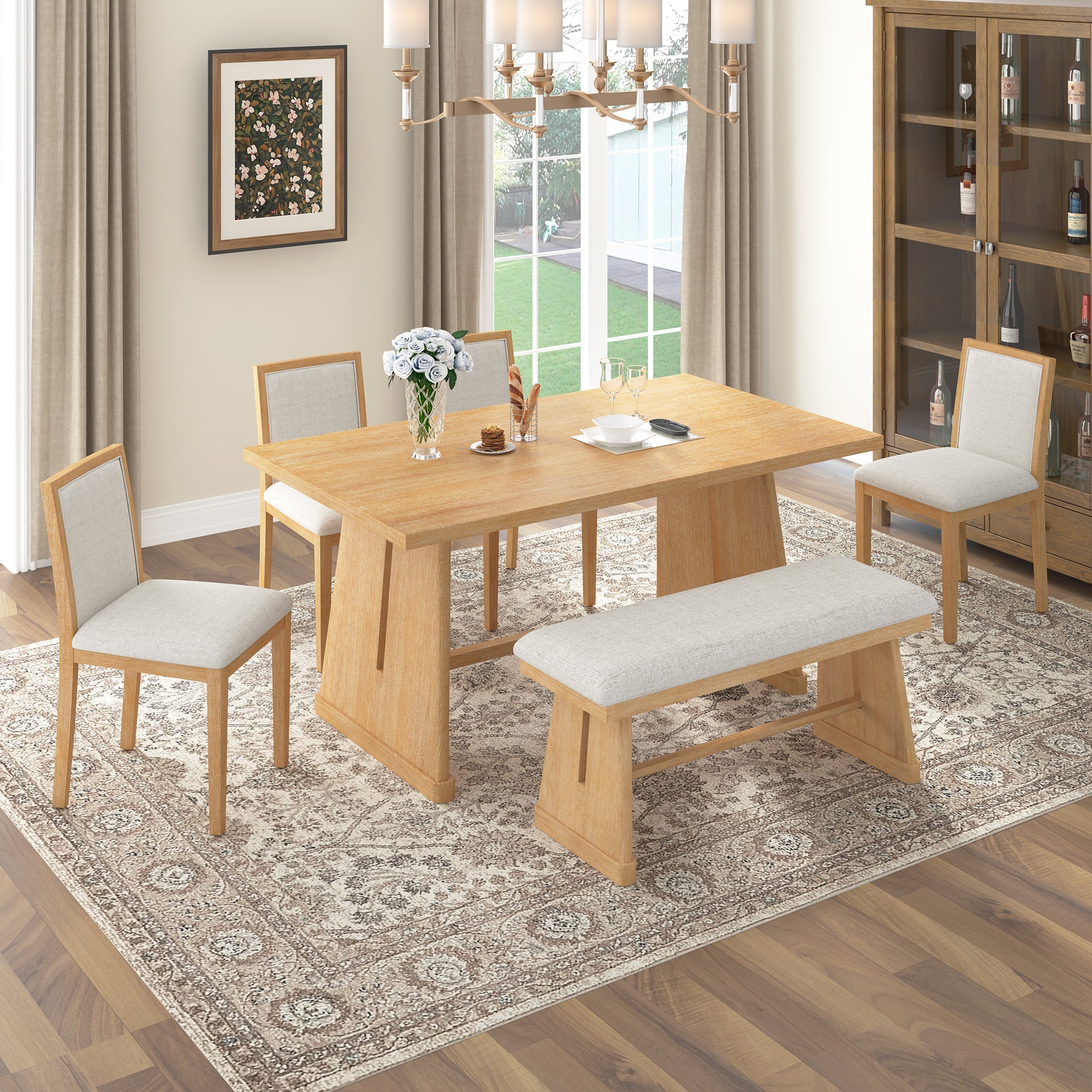 TREXM 6-Piece Rustic Farmhouse Dining Table Set With Wire Brushed Design, Rectangular Dining Table With Trapezoid Legs, 4 Upholstered Linen Chairs & 1 Padded Bench For Dining Room & Kitchen Natural