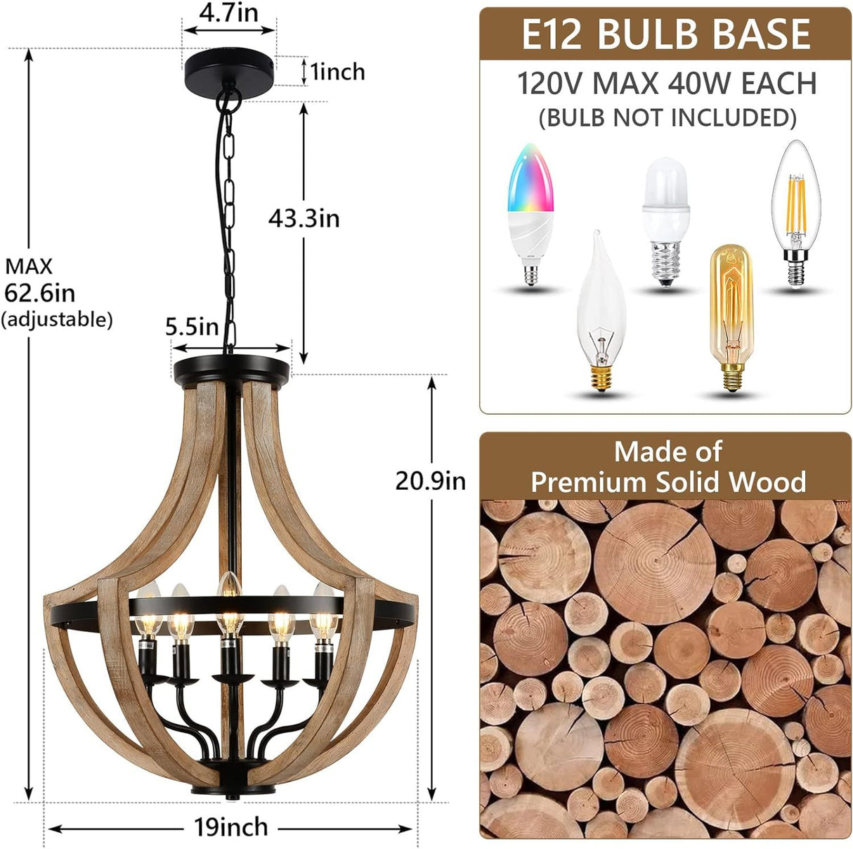 Solid Wood Modern Chandelier For Dining Room, Living Room, Kitchen, Island, Bedroom, Foyer, Height Adjustable, Brown Unavailable Platforms- CJDS