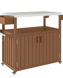Outdoor Bar Cart with Storage, Stainless Steel Outdoor Bar Table Top, Wheeled HDPE Kitchen Island for Food Prep, Brown