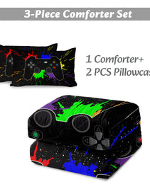 Black Video Game Comforter For Girls Boys Red Blue Green Purple Yellow Ink Game Controller Bedding Boy Bedroom Living Bed Decor With 1 Comforter 2 Pillow Shams