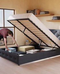 Queen Size Bed Frame With Storage - Lift Up Storage Bed With Modern Wingback Headboard, USB Ports