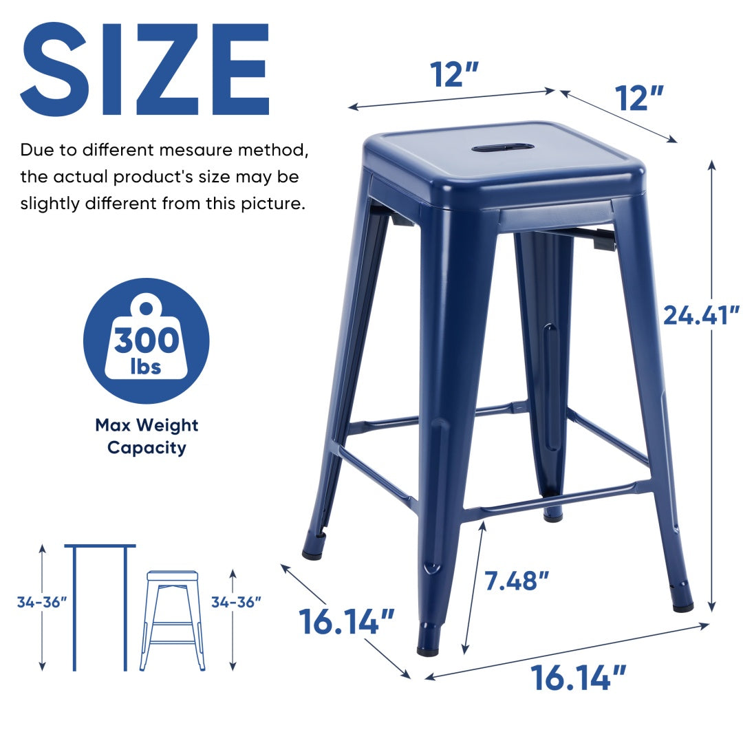 24 Inches Metal Bar Stools Set Of 4, Backless Counter Height Bar Stools For Kitchen, Outdoor Stackable Stools --No Assembly Required