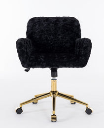A&A Furniture Office Chair,Artificial Rabbit Hair Home Office Chair With Golden Metal Base,Adjustable Desk Chair Swivel Office Chair,Vanity Chair Black
