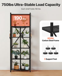 6-Tier Foldable Storage Shelf, 24W X 12D X 72H Inch Folding Metal Rack Shelving Unit, No Assembly Organizer Shelf With 5 Wheels & 4 Hooks For Pantry, Kitchen, Garage, Basement, Black