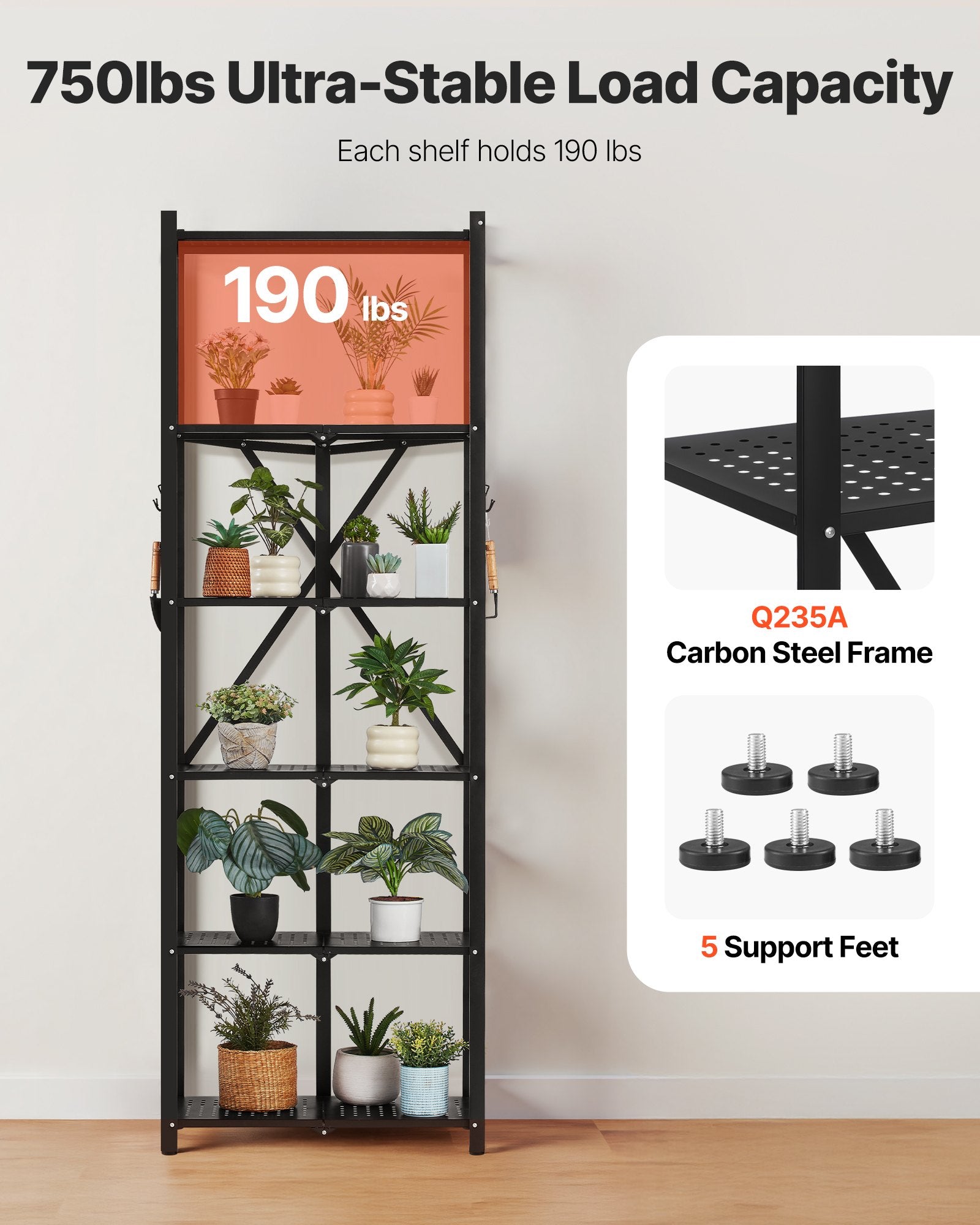 6-Tier Foldable Storage Shelf, 24W X 12D X 72H Inch Folding Metal Rack Shelving Unit, No Assembly Organizer Shelf With 5 Wheels & 4 Hooks For Pantry, Kitchen, Garage, Basement, Black