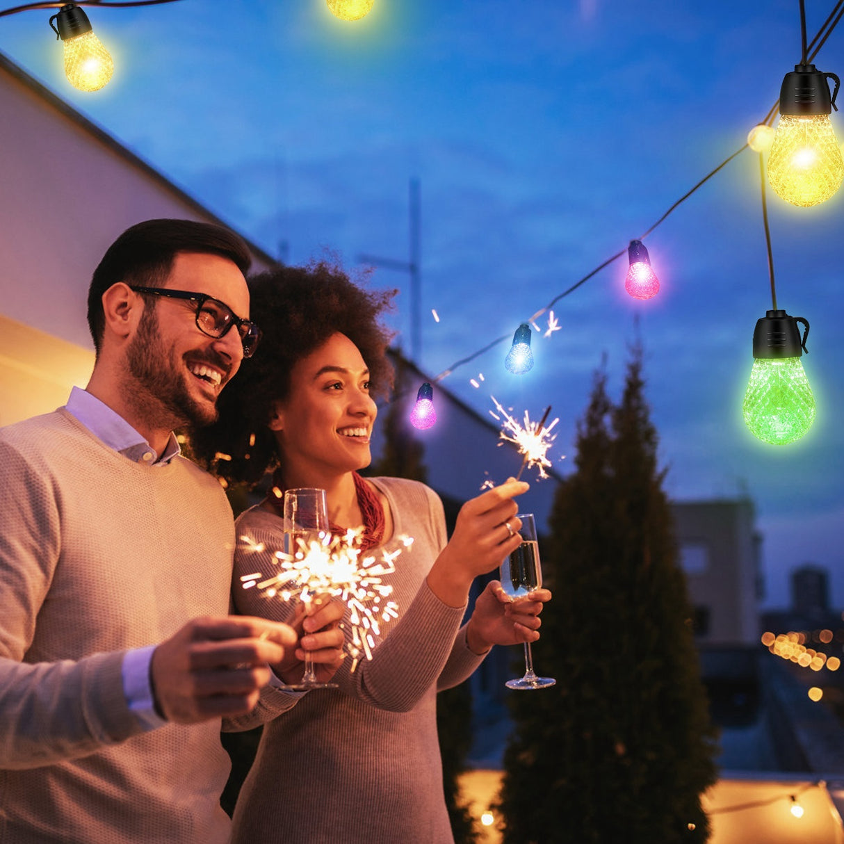 52.5FT Colorful Outdoor String Lights Smart RGB LED Patio Lights IP66 Waterproof Dimmable Hanging Light Bulbs With APP Remote Control 15 Bulbs - CJDS - FC