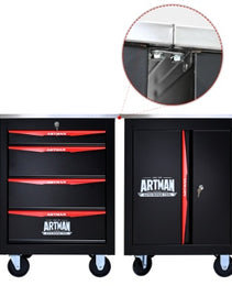 4 Drawers Multifunctional Tool Cart With Wheels,Metal Rolling Tool Cart Storage For Garage Workshop Warehouse Repair Shop--With Stainless Steel Roof- BLACK RED