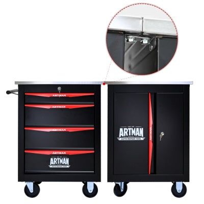 4 Drawers Multifunctional Tool Cart With Wheels,Metal Rolling Tool Cart Storage For Garage Workshop Warehouse Repair Shop--With Stainless Steel Roof- BLACK RED
